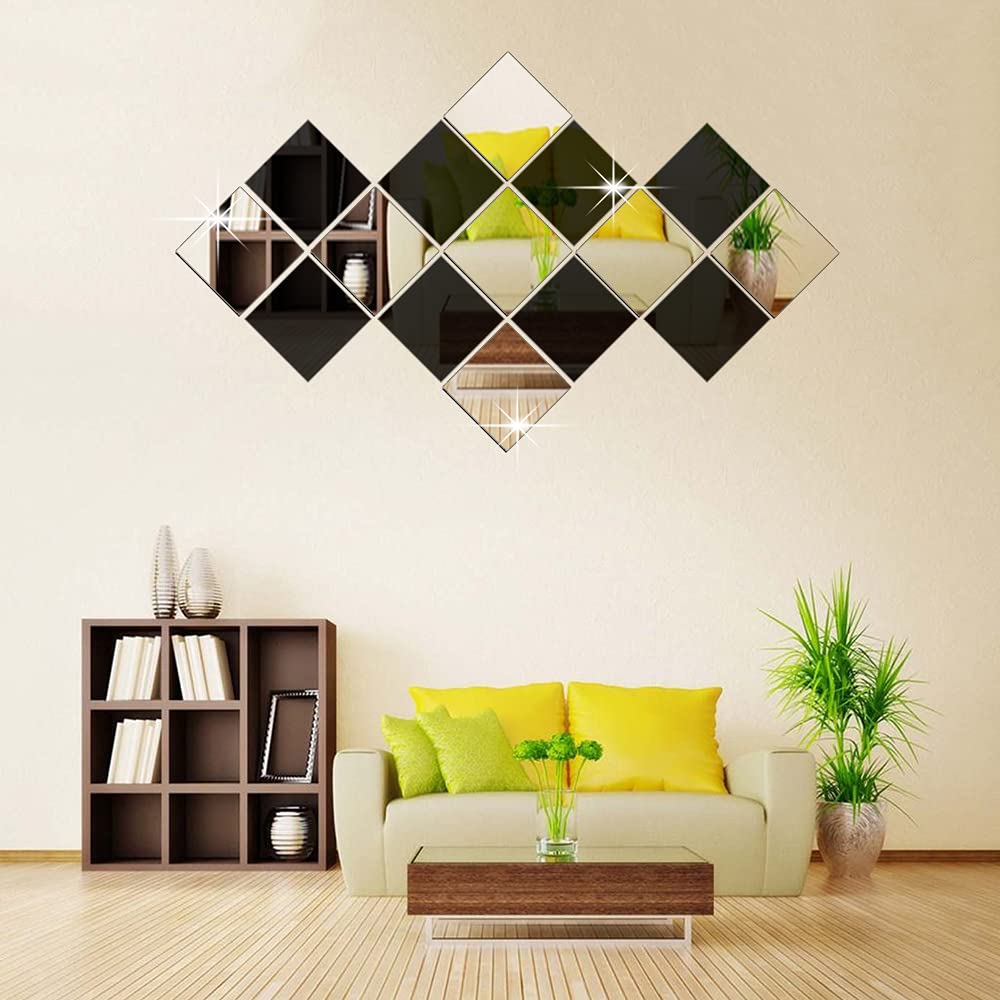 Betinyar 15 Pieces Removable Square Acrylic Mirror Wall Decor, Self-Adhesive Mirror Wall Sticker Decal, Non-Glass Mirror Stickers for Home Living Room Bedroom Decor (Black,Silver)