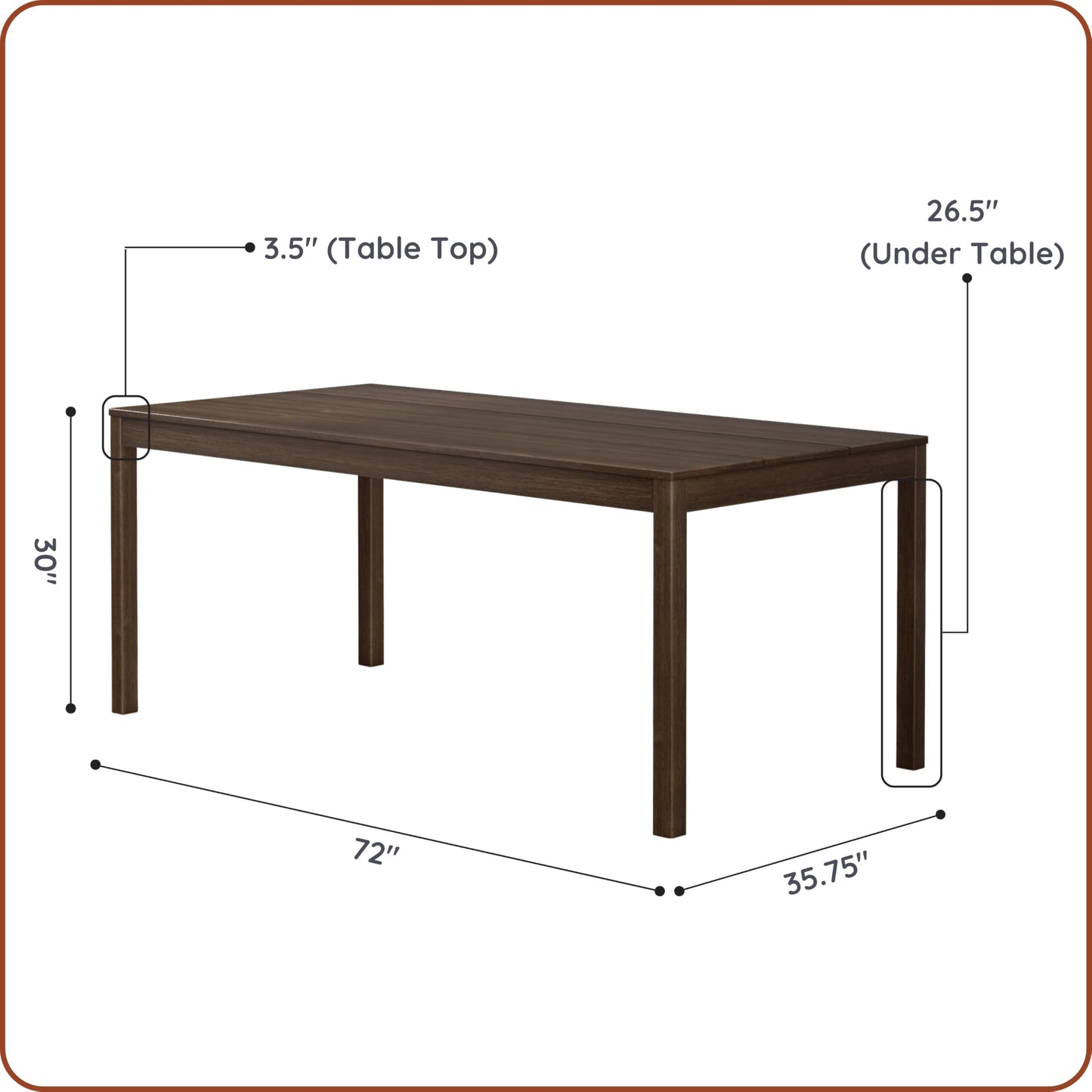 Grain & Grove Davie 72 Inch Rectangular Walnut Wood Dining Table for Kitchen/Dining Room, Home Office, Living Room Furniture