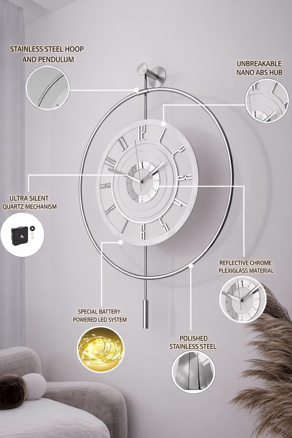 FUNTLY Large Luxury LED Backlit Wall Clock – Pendulum Roman Numeral Metal Ring, Silent Non-Ticking Decorative Clock for Living Room Bedroom Entryway, Modern Halo Glow (Crystal Silver)