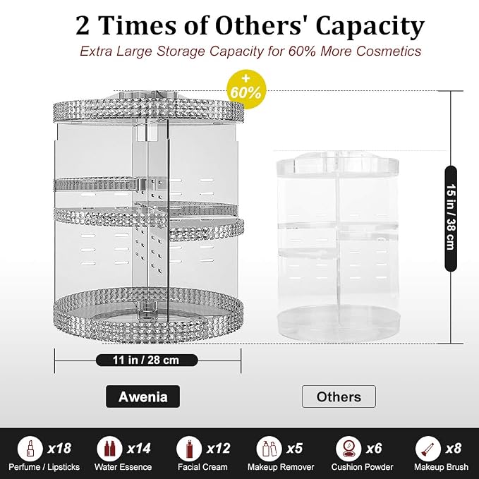 Awenia Makeup Organizer 360-Degree Rotating, Adjustable Makeup Storage, 7 Layers Large Capacity Cosmetic Storage Unit, Fits Different Types of Cosmetics and Accessories, Plus Size(Gray)