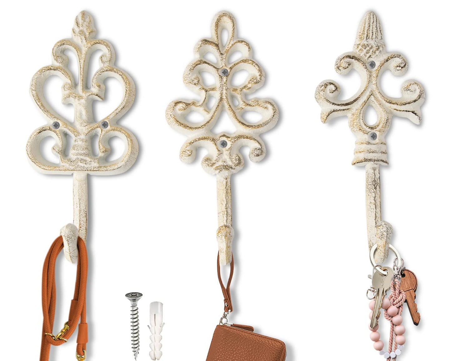 Comfify Shabby Chic Decorative Wall Hooks - Set of 3 - Cast Iron French Country Wall Decor - Farmhouse Hangers for Coats, Purses and More - Rustic White