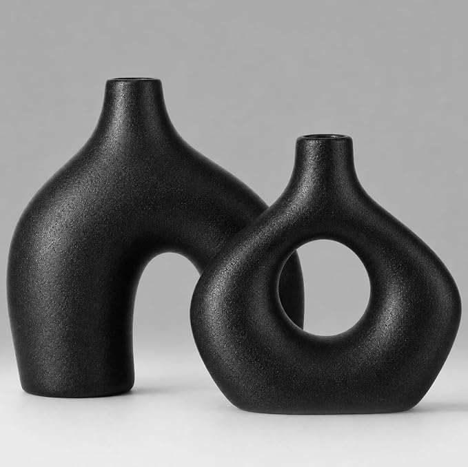 Black Ceramic Flower Vase Home Decor Set of 2, Farmhouse Table Vases Rustic Vintage Living Room Kitchen Bedroom Decorations for House Book Shelf Office Coffee Desk Dining Fireplace