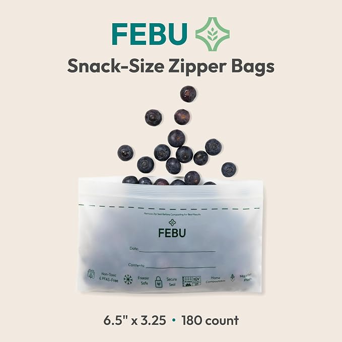 FEBU Snack Compostable Food Storage Bags, 180 Count | Certified Home Compostable & Biodegradable | PFAS & BPA Free Zipper Bags | Leak-Proof & Resealable | 6.5"x 3.25"