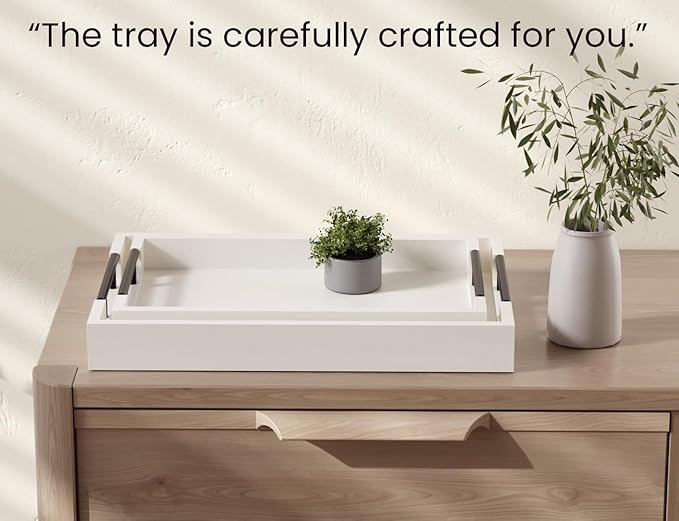Fibogollo Bamboo Set of 2 Serving Tray with Metal Handles,Ottoman Decorative Trays Platter for Coffee Table,Living Room,Bar,Party(White)