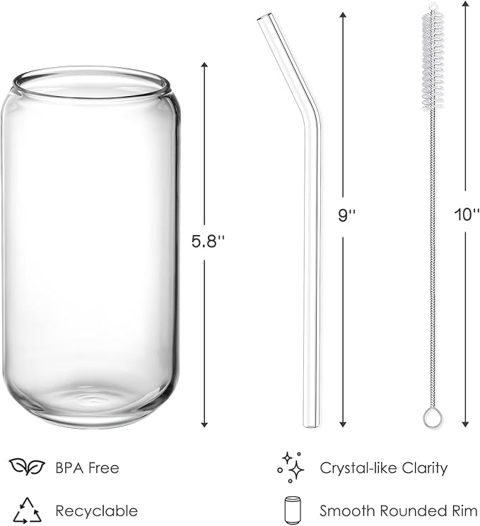 NETANY [ 8pcs Set ] Drinking Glasses with Glass Straw - 16oz Glass Cups, Beer Glasses, Iced Coffee Glasses, Cute Tumbler Cup, Ideal for Whiskey, Soda, Tea, Water, Gift - 2 Cleaning Brushes