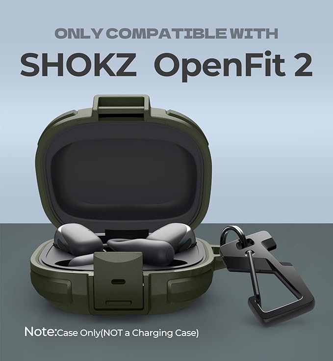 Dexnor for Shokz OpenFit 2 Case with Drop-Proof Lock, Shockproof Rugged Bumper Cases Protective Cover with Carabiner & Keyring & Cleaner Kit for Shokz OpenFit 2 (2025) Green