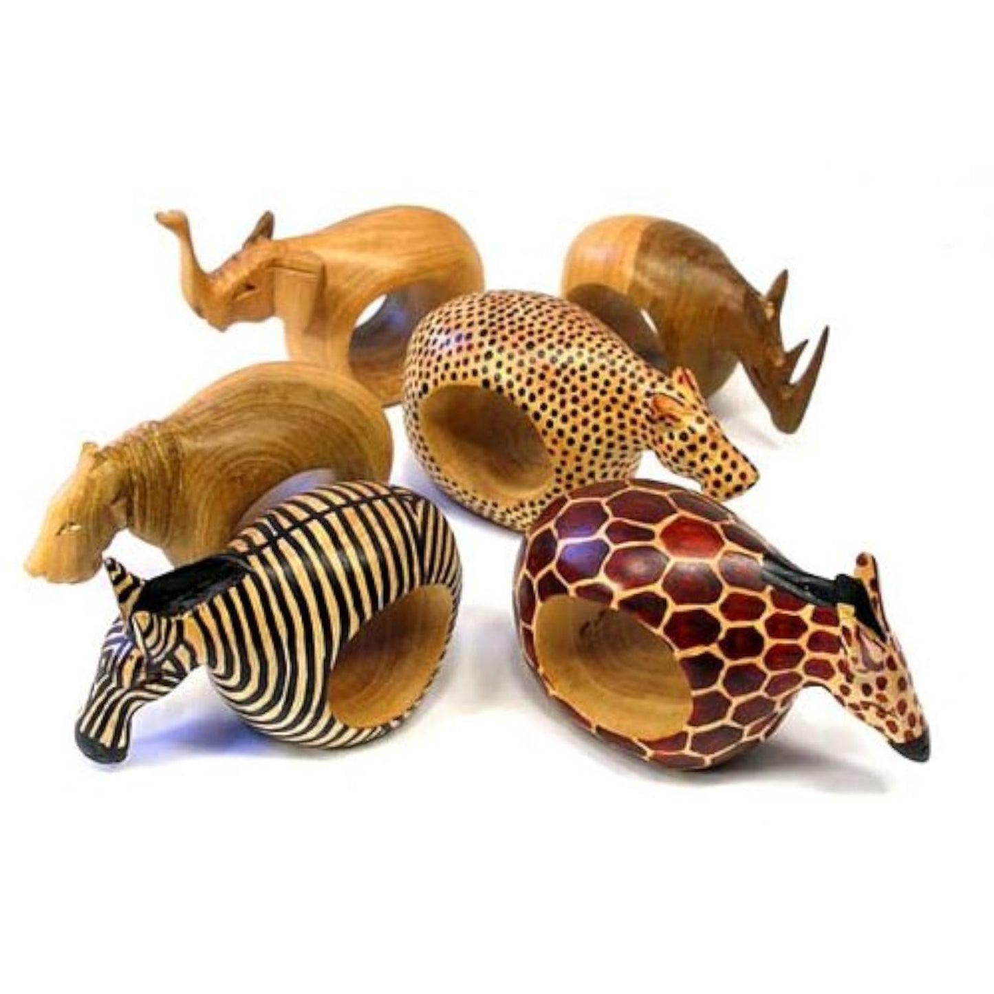 Global Crafts - Mahogany Wood Animal Napkin Rings Set of Six - Handmade Wooden Napkin Rings