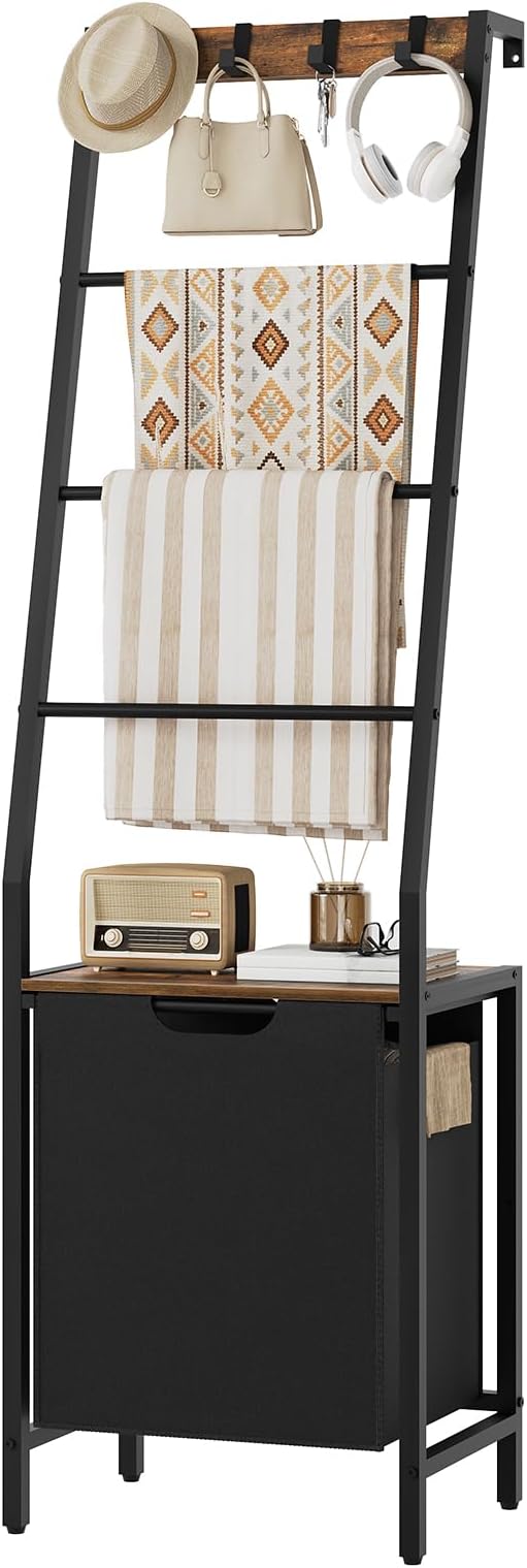 MAHANCRIS Blanket Ladder, 4-Tier Towel Rack with Pull-Out Laundry Basket & Removable Hooks, Ladder Shelf Stand, Wall-Leaning Blanket Rack for Living Room, Bedroom, Rustic Brown and Black TRHR4401