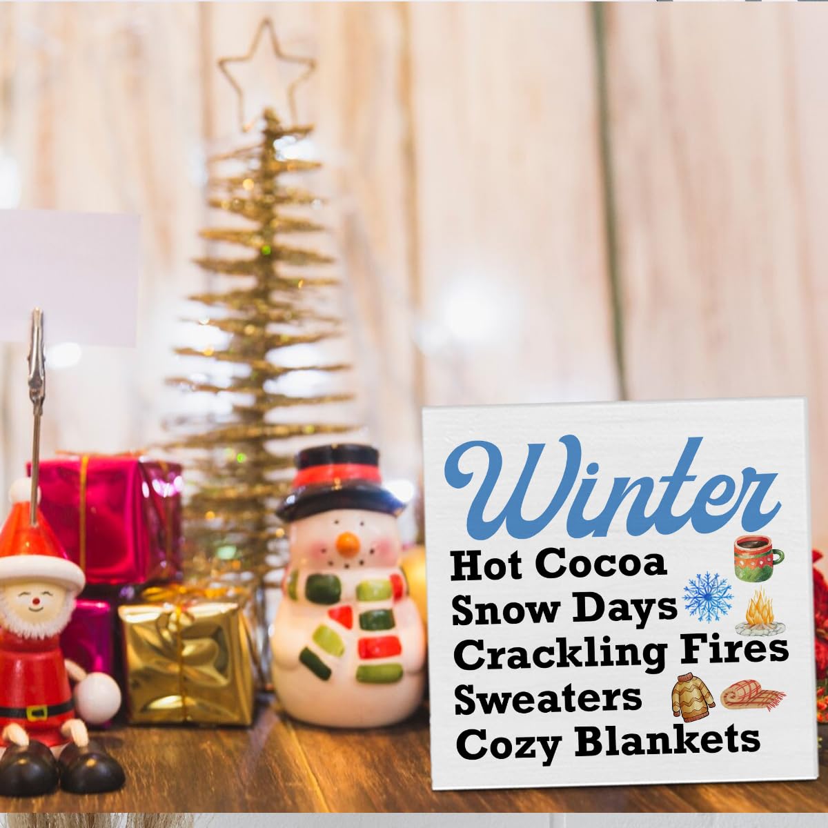 Winter Wooden Block Sign Winter Hot Cocoa Blankets Wooden Box Sign Decor for Home Living Room Kitchen Table Desk Shelf