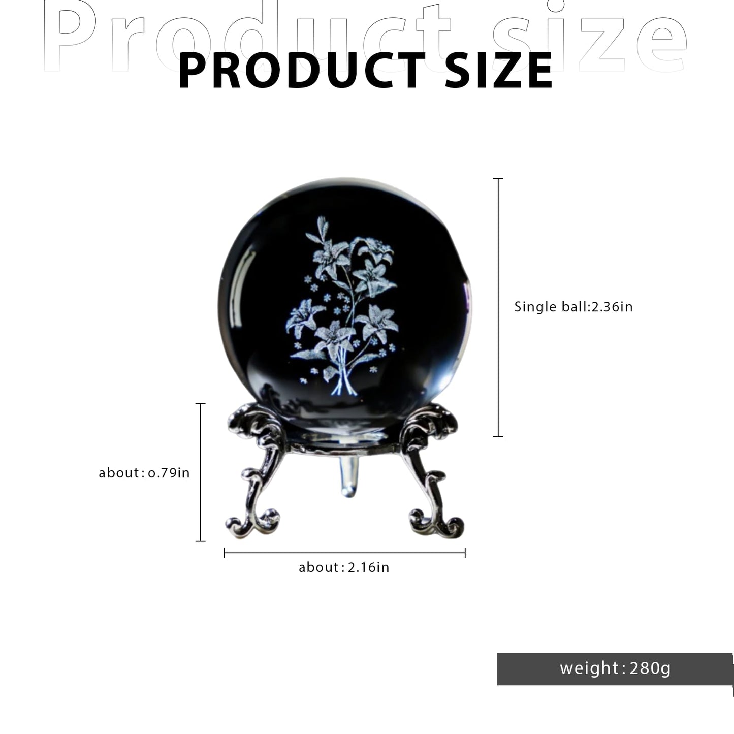2.36in 3D Laser Engraved Flower Crystal Ball with Base Glass Sphere Ornament Paperweight for Desktop Display Shelf or Ambient Decor