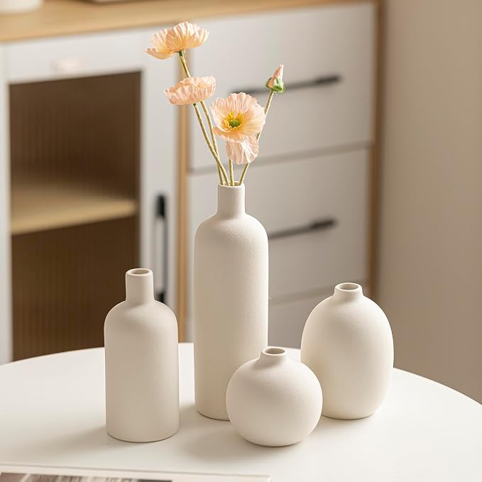 Modern Ceramic Vase Set, White Colors, Decorative Vases for Home Decor, 4 Piece Collection (White)