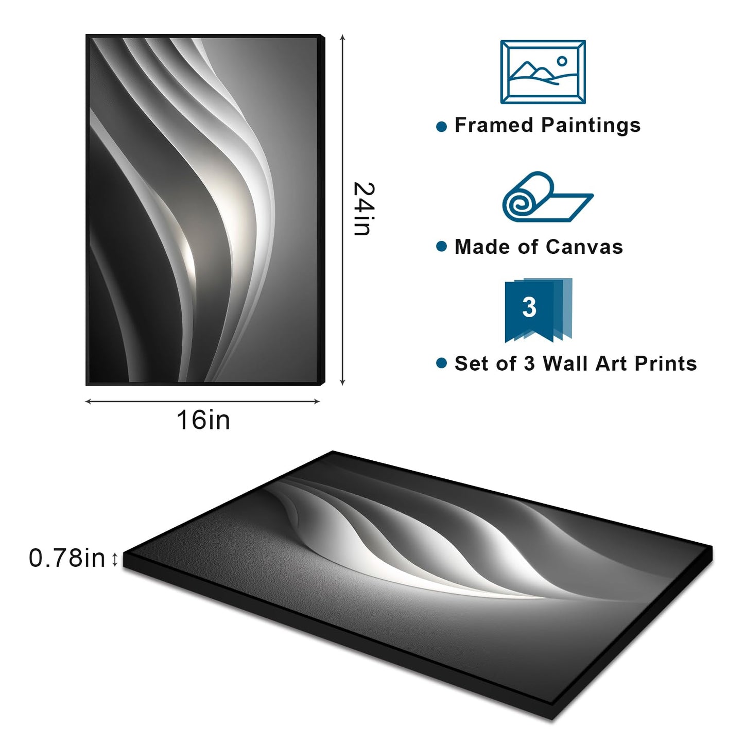 Altimpo Large Frame Modern Abstarct Wall Art for Living Room, Minimalist Bright Style 3 Piece Canvas wall art painting, Grey Melody Wall Art for Bedroom, Home, Hotel, Office 16x24IN