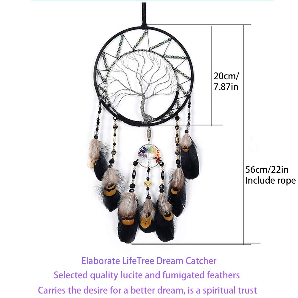 Pretty Jolly 7 Chakras Tree of Life Dream Catcher Wall Decor with Rainbow Healing Crystal Stone Handmade Black Feather DreamCatchers Wall Hanging Ornaments for Bedroom Home Decor Bless Gift Wedding