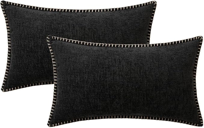 MIULEE Pack of 2 Lumbar Throw Pillow Covers 12x20 Inch Black Farmhouse Decorative Pillow Covers with Stitched Edge Soft Chenille Solid Dyed Pillow Covers for Couch Sofa Bed Living Room