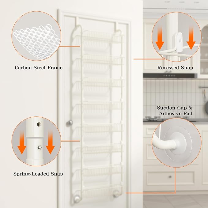 MIAOLI Over the Door Pantry Organizers and Storage, 8-Tier Spice Rack, Home & Kitchen Storage Shelves for Cabinet, Large Capacity Hanging Seasoning Organizer, Laundry Room Organization, White