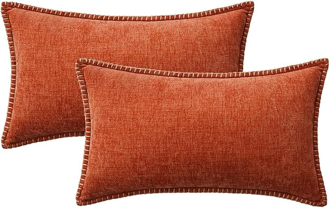 MIULEE Pack of 2 Fall Lumbar Throw Pillow Covers 12x20 Inch Rust Farmhouse Decorative Pillow Covers with Stitched Edge Soft Chenille Solid Dyed Pillow Covers for Couch Sofa Bed Living Room