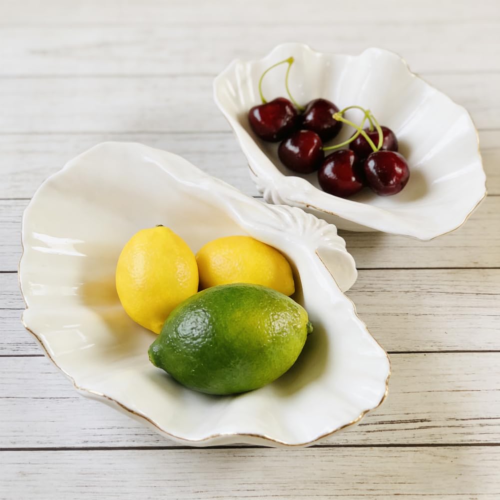 XIYOUQI White Shell Decorative Bowl – 7.9" Resin Clam Shell with Gold Rim, Coastal Centerpiece for Bathroom Vanity, Entryway, or Living Room, Jewelry Holder, Key Tray, Fruit Bowl, Beach House Decor
