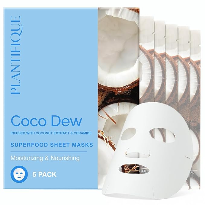 PLANTIFIQUE Facial Sheet Mask Coco Dew 5 Pack ??Moisturizing Face Mask with Coconut & Ceramide ??Radiant Skin Nourishing Korean Skincare Pack for All Skin Types
