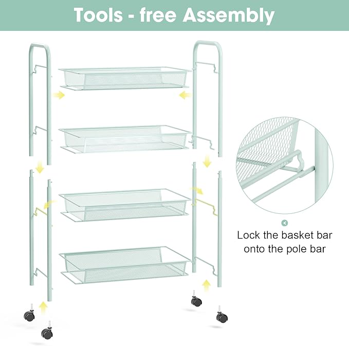 TOOLF 4-Tier Rolling Cart, Metal Utility Cart with 3 Hooks, Easy Assemble Mobile Storage Trolley On Wheels, Metal Shelving Units Kitchen Bathroom Laundry Room