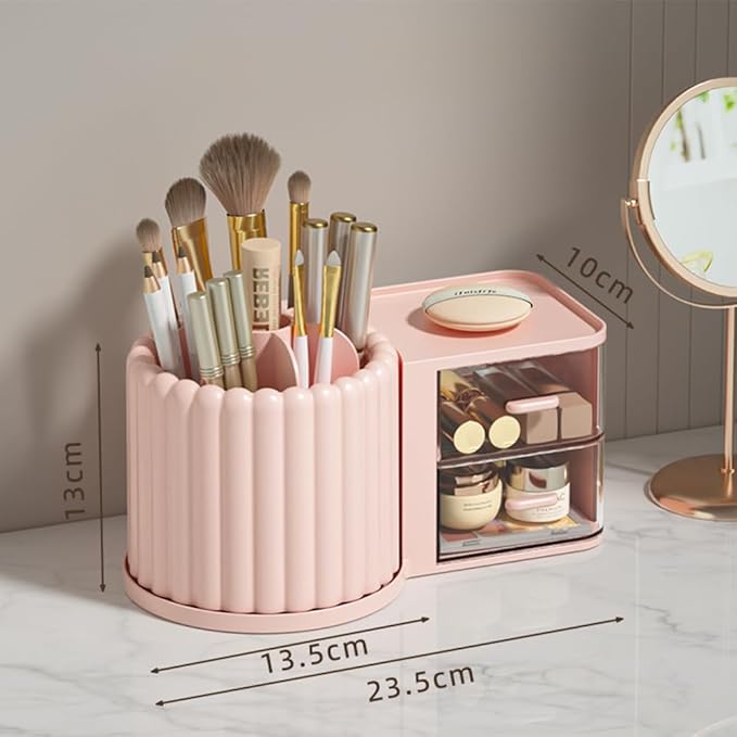360 Rotating Makeup Organizer Countertop with 2 Drawers, Makeup Brush Holder, Small Preppy Organizer, 9.25x5.11 Inch, Pink