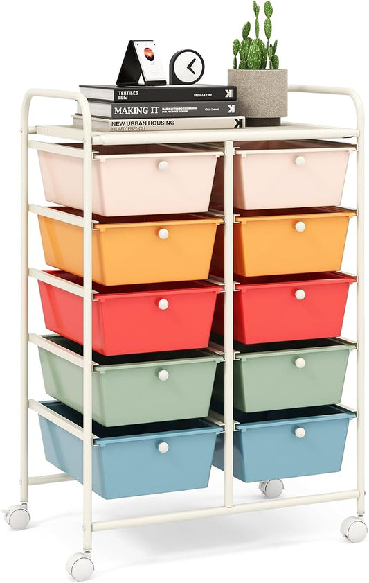 LDAILY 10 Drawer Rolling Cart, Storage Cart Organizer on Wheels, Drawer Cart with Metal Frame & Large Storage Capacity, Rolling Cart with Drawers for Living Room Classroom, Office
