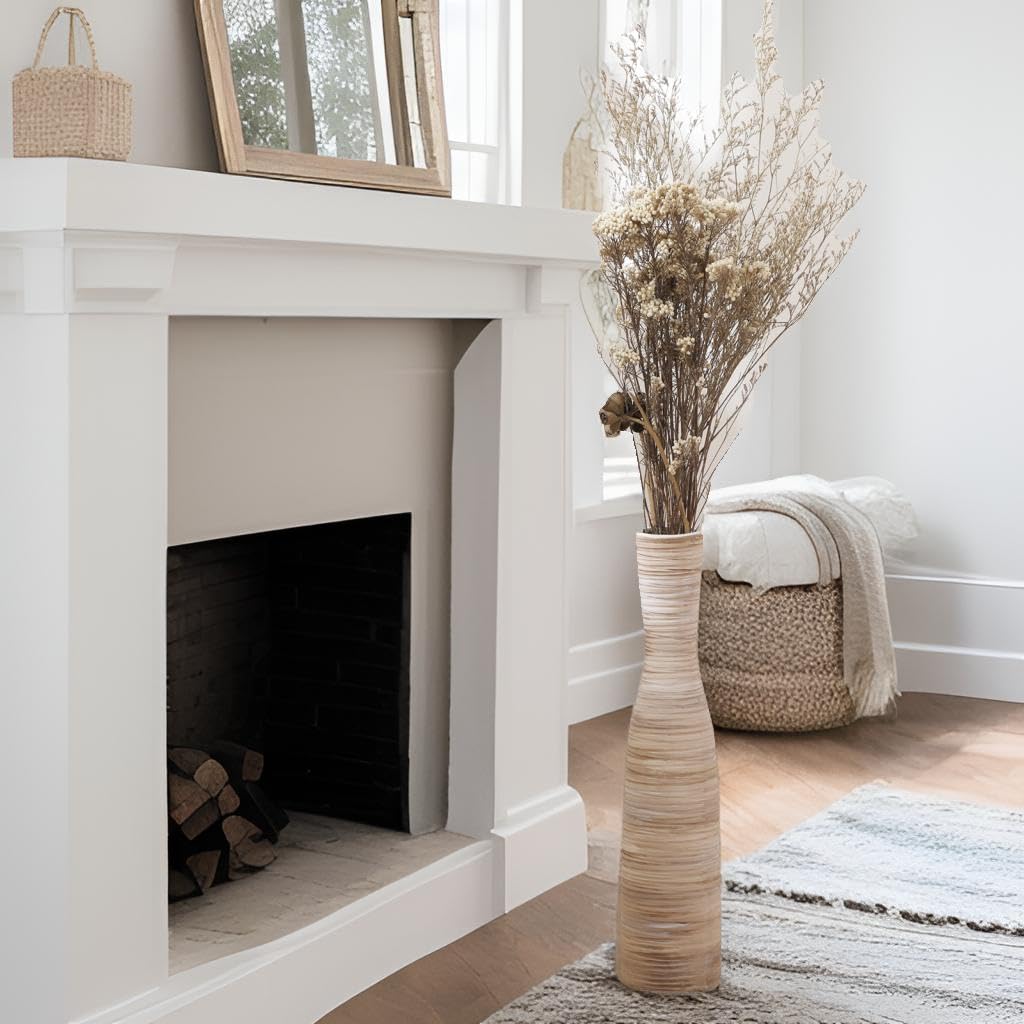ALMA 16" Tall Floor Vase for Pampas Grass,White Brown Ceramic Centerpiece for Dresser, Skinny Pampas Grass Vessel for Floor, Entryway Table, Fireplace Decor