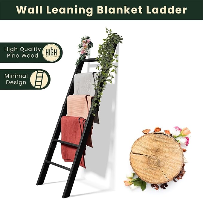 Decorative Foldable Wooden Blanket Ladder with Hooks, 6-Tier Pine Wood Quilt Ladder 68" — Easy Assembly, Anti-Slip, Farmhouse Decor Rack Stand for Living Room, Bedroom Bathroom (Black)