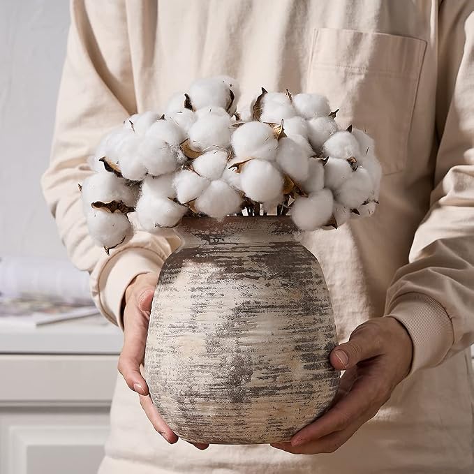 SIDUCAL Ceramic Rustic Vase, Whitewashed Terra Cotta Vase, Distressed Farmhouse Décor, Pottery Decorative Flower for Home Decor, Table, Living Room Decor, Shelf, Mantel, 7.3 Inch, Fired Terra Clay