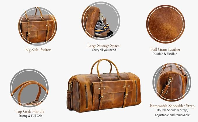KomalC 24 Inch Leather Duffel Bags for Men and Women Full Grain Leather Travel Overnight Weekend Leather Bags Sports Gym Duffle for Men (Tan with Shoe pocket)