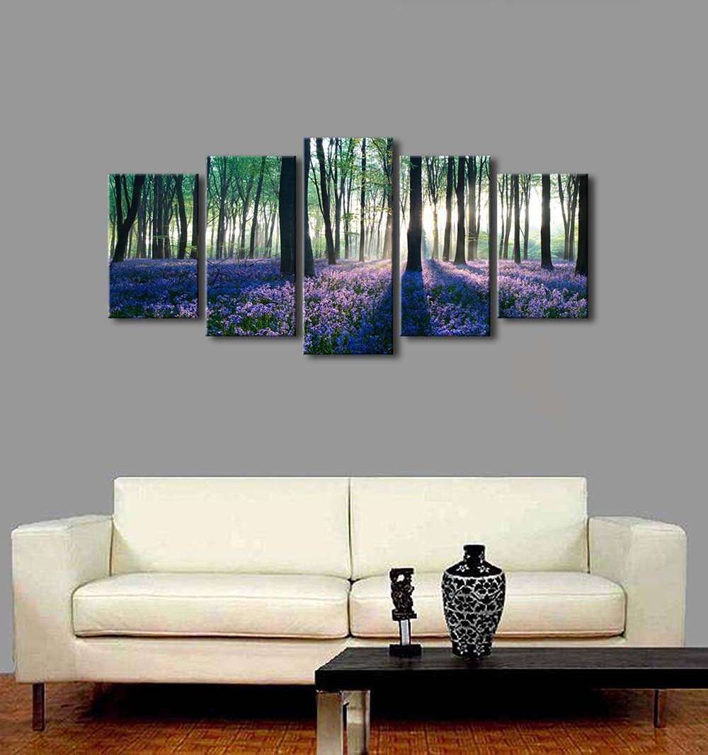 Pyradecor Early Morning Lavender Canvas Prints Wall Art Purple Floral Pictures Paintings for Bedroom Kitchen Bathroom Home Decor Modern 5 panels Stretched Flowers Landscape Artwork