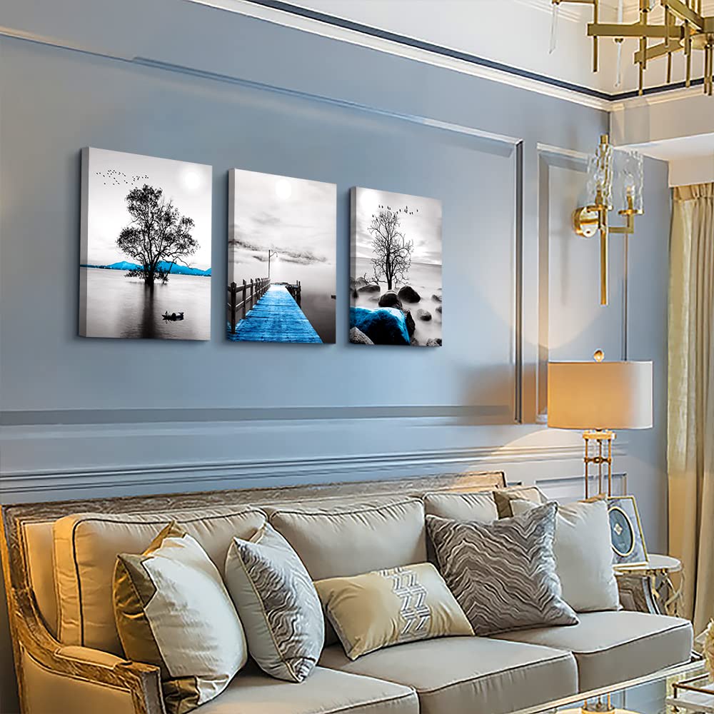 Framed Canvas Wall Art for Living Room, Bedroom, Office - Black and White Ocean Landscape Paintings - Modern Posters and Pictures for Bathroom Home Decor - 3 Piece Set