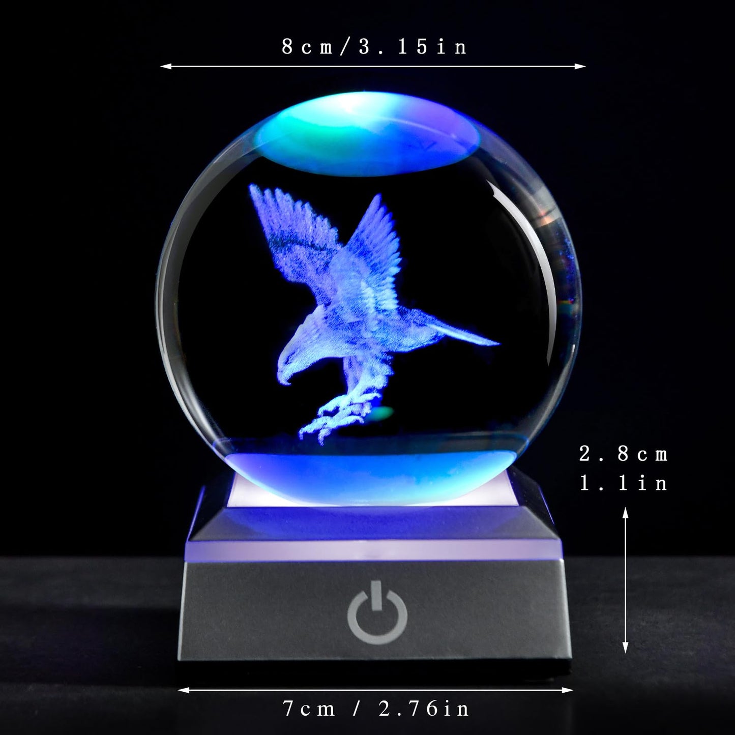 QIANCHANG 80mm 3D Eagle Crystal Ball with LED Stand, Animal Figurine Decor Glass Sphere Lamp Night Light, Eagle Statue Gifts for Men Women Kids