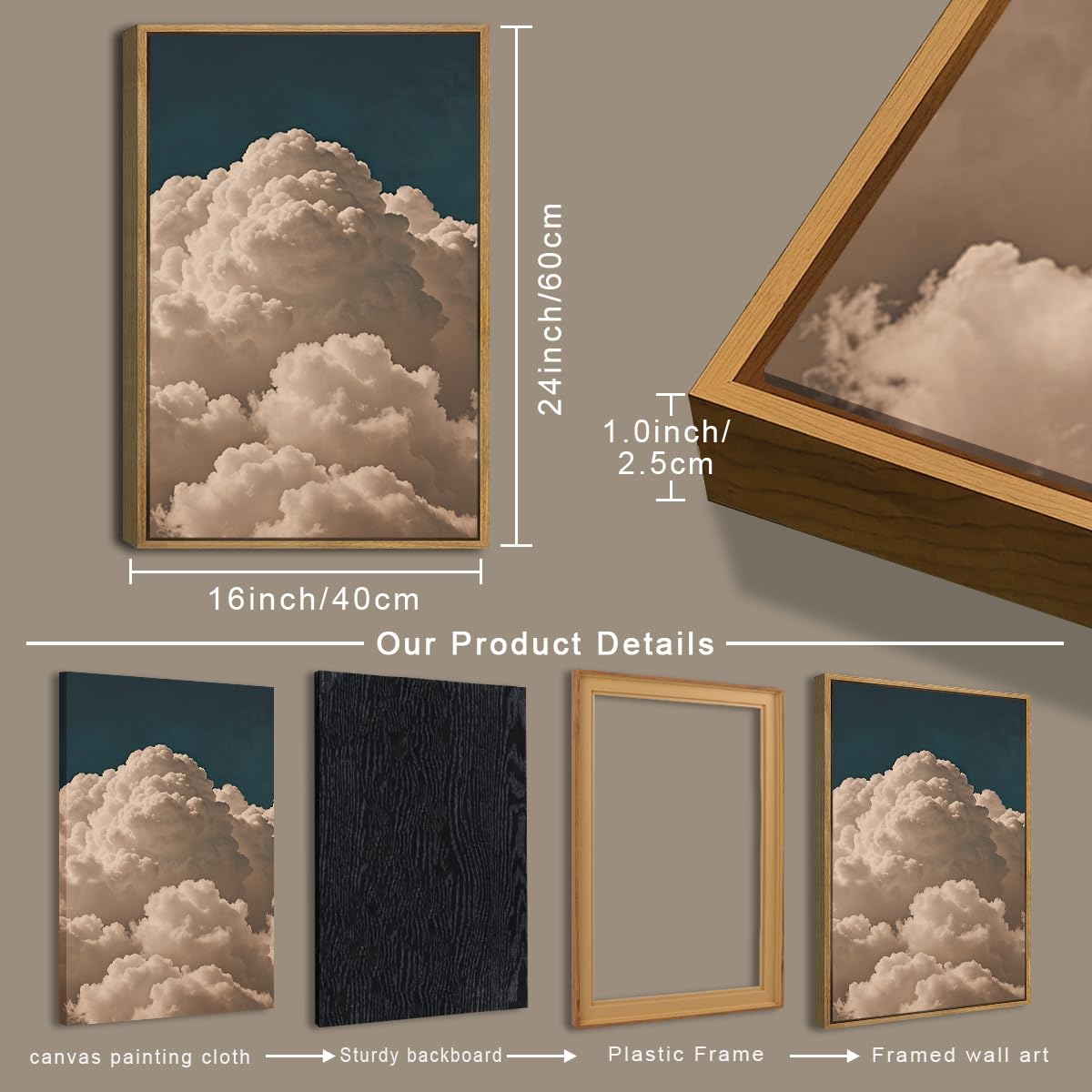 IARTTOP Large Framed Cloud Blue Wall Art 16x24 Inch Navy Cloud Canvas Painting Modern Abstract Sky Landscape Wall Decor for Living Room Bedroom Dining room Set of 3