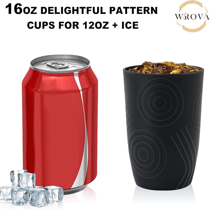 Wrova Wheat Straw Cups 16oz set of 8 with Etched Pattern - Alternative Plastic Cups Dishwasher Safe Tumbler - Plastic Drinking Cups Unbreakable for Kids - Pure Black