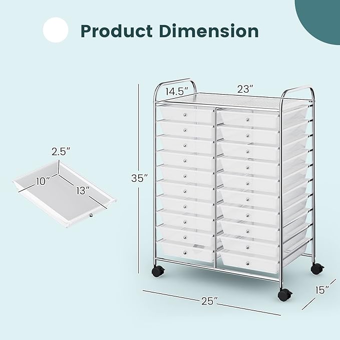 COSTWAY 20 Drawers Rolling Storage Cart, Multipurpose Movable Organizer Cart for Tools, Scrapbook, Paper, Craft, Utility Storage Trolley on Wheels for Home Office School (Clear)