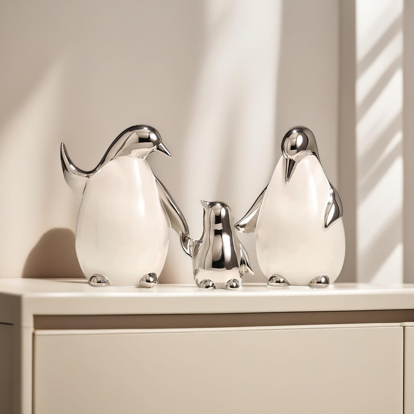 Tuioyoc Set of 3 Ceramic Statues Aesthetic Abstract Penguins Sculpture Cute Modern Home Decor Decorative Statue for Living Room, Bedroom, Office, Table Centerpiece (White Silver)