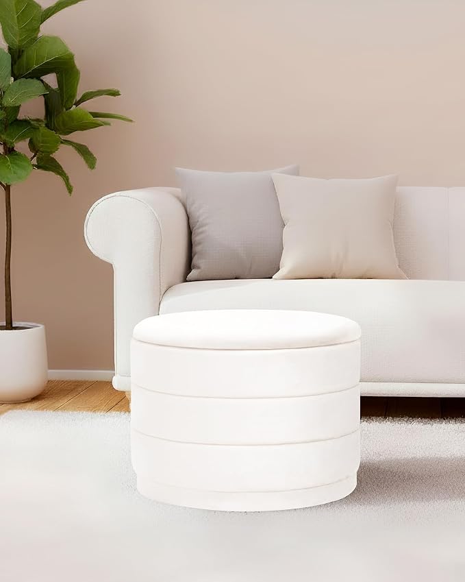 B FSOBEIIALEO Round Velvet Storage Ottoman with Tray, Folding Ottoman with Storage Coffee Table Foot Rest for Dorm Room, Living Room White, 22.83"x22.83"x17.32"