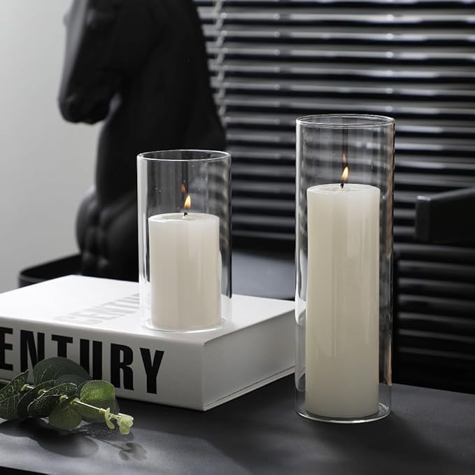 24 Pcs White Pillar Candles and Glass Candle Holders, Clear Cylinder Vases Pillar Candle Holders for Pillar Candles, Hurricane Candle Set for Wedding Party, Event, Home Office Decor