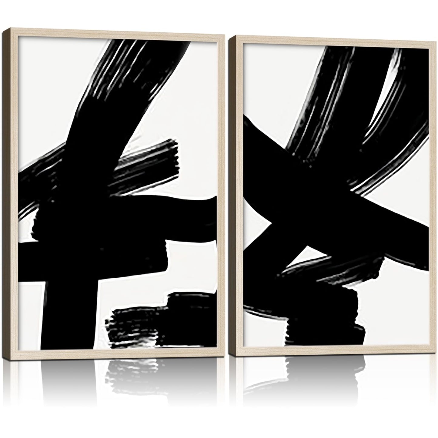 2Pcs Framed Black and White Abstract Thick lines Wall Art Canvas Prints Modern Minimalist Gallery Picture Posters Brush Stroke Wall Decor Living Room Bedroom Office 12x16 Inch Ready to Hang