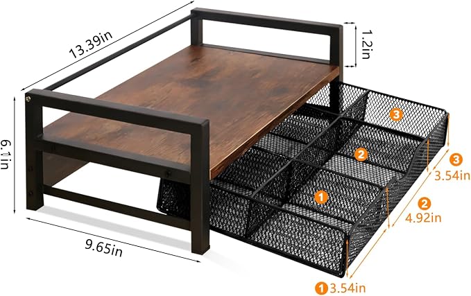Wooden Tea Bag Organizer with Drawer, 6 Compartments, Large Capacity 13.39" x 9.65" Rustic Brown Tea Station Storage Chest for Countertop, Kitchen, Coffee Bar & Office