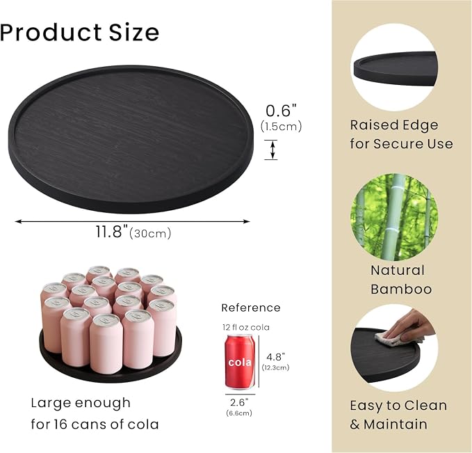 VERTORGAN Bamboo Serving Tray,11.8 Inch Decorative Trays Platter for Coffee Table,Living Room,Bar,Party,Mini Charcuterie Boards Cheese Board,Home Decor(Black)