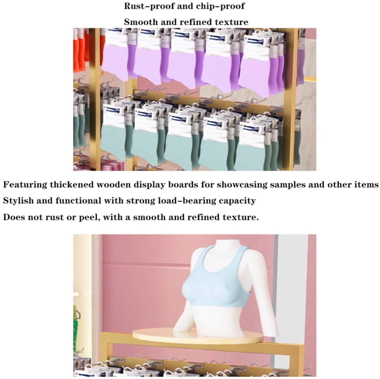 25.5 * 15.7 * 53in Sock Lingerie Bra Rack with Hook, Metal, Commercial Underwear Retail Display Stand, Freestanding Clothing Storage Shelf, for Farmers Markets, 4 Tier(Black)