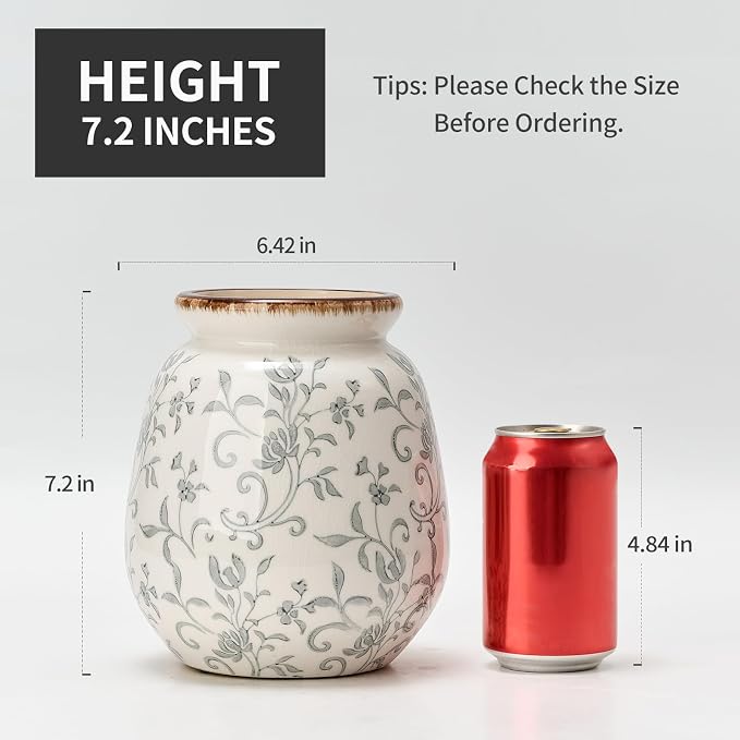 SIDUCAL Ceramic Vintage Pastoral Vase, 7.2 Inch Chinoiserie Floral Vase, Retro Ice Cracked Rustic Farmhouse Vases for Home Decor, Living Room, Bookshelf, Office, Tuscan Decor, Gray Floral