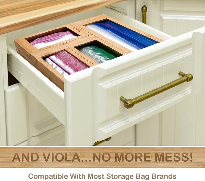 Bartnelli Bag Organizer for Kitchen Storage Organization, 4 PC Premium Bamboo Drawer Organizer, Bag Holder Dispenser
