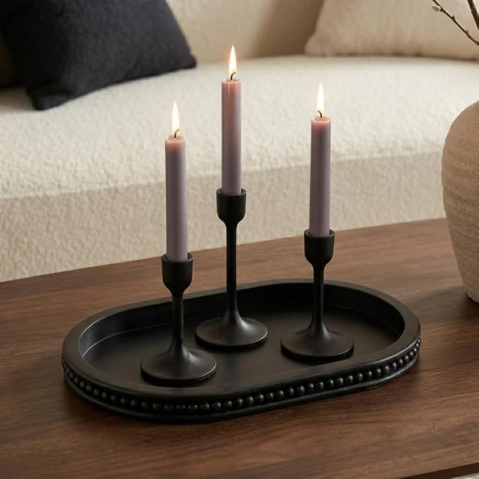 Hanobe Decorative Trays for Coffee Table : Black Oval Centerpiece Tray Wood for Farmhouse Entry Table Decor Round Bathroom Tray for Living Room Kitchen Counter