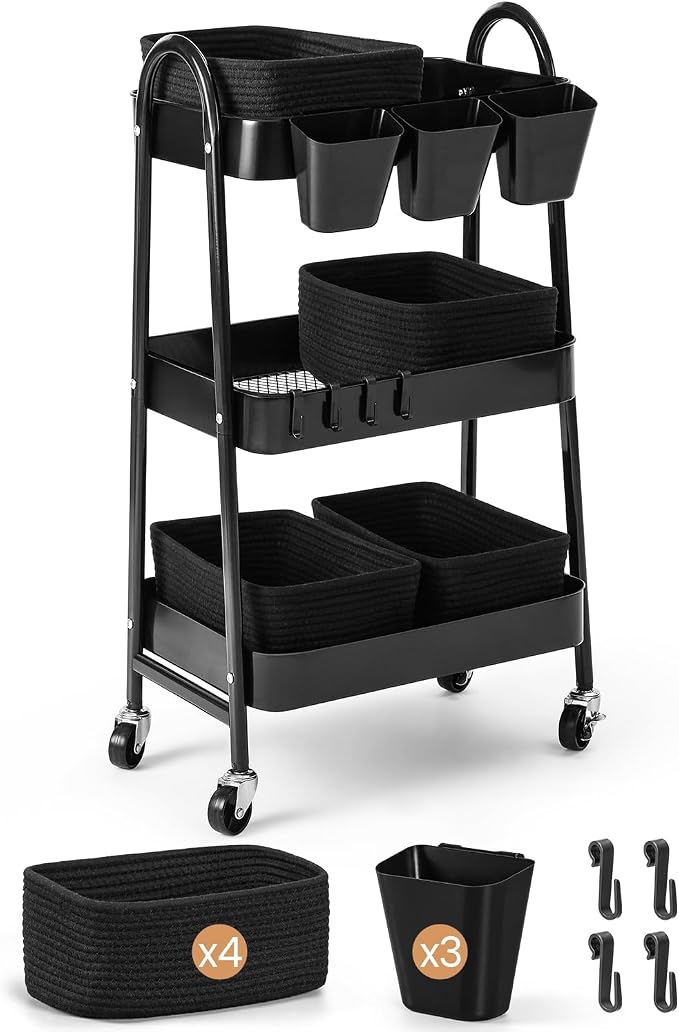 3-Tier Rolling Utility Cart with 4 Woven Baskets, Diaper Book Snack Cart, Storage Organizer for Nursery, Kitchen, Craft Room, Home SPA, Living Room, Metal Frame Trolley on Lockable Wheels, Black