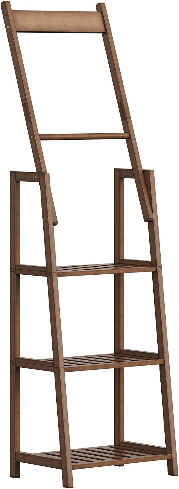HOOBRO 3 Tier Ladder Shelf, Blanket Ladder, Bookcase Storage Rack Organizer, Bamboo Storage Shelf, Freestanding Shelving Unit, Farmhouse Ladder Rack for Living Room and Bedroom, Mocha MA123CJ01