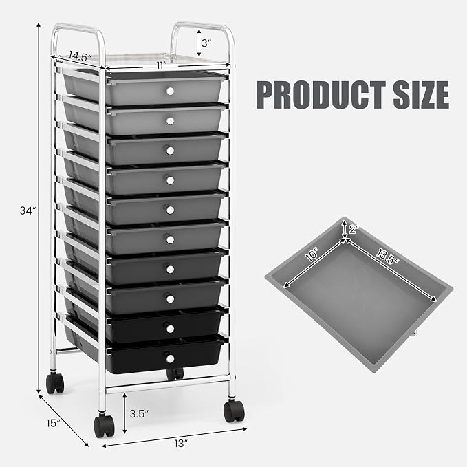MEDIMALL 10 Drawers Rolling Storage Cart, Multipurpose Craft Storage Cart with Wheels, Mobile Tools Scrapbook Paper Organizer Cart for Office School Home Use