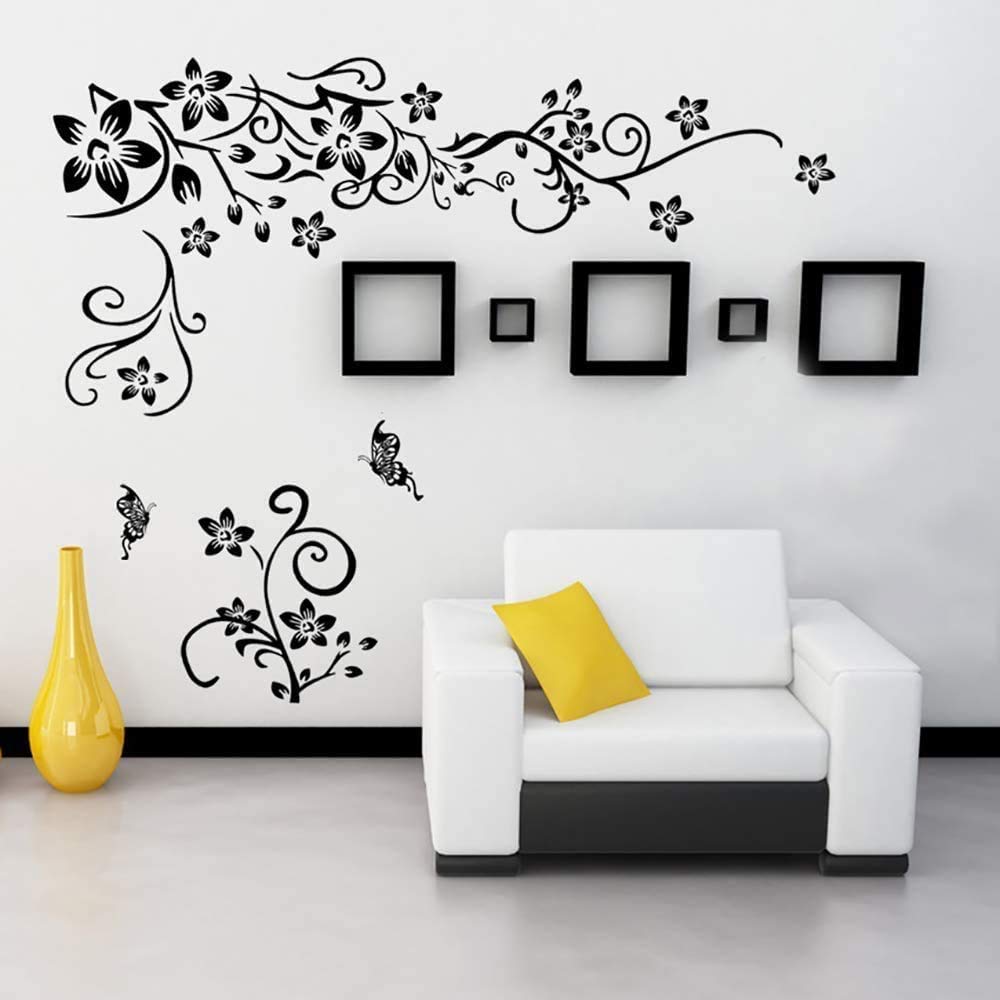 Supzone Flowers Vine Decals Black Flowers Butterfly Wall Decor Removable Vinyl DIY Home Art Stickers for Bedroom Living Room Sofa Backdrop TV Wall Decoration
