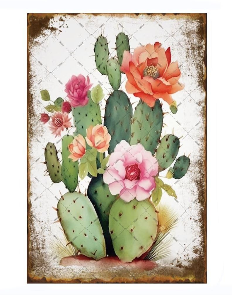 EMOHAT Succulent Bouquet Cactus Flowers Metal Tin Sign Green Leaves Decoration Botanical Cacti Floral Plants Retro Decor Poster Wall Art for Bedroom Backyard Yard Living Room 12x8 Inches